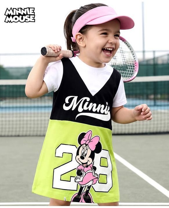 Babyhug Disney Single Jersey Knit Half Sleeves Dress with Minnie Mouse Graphic & Badge Detailing - Multicolor