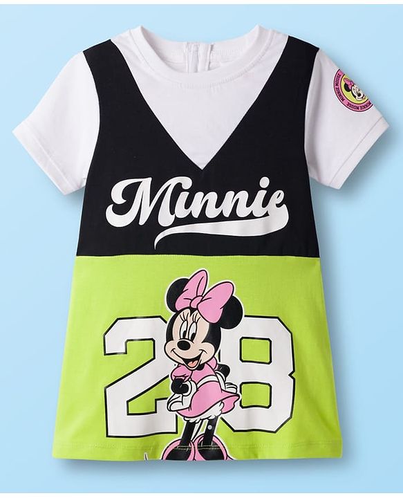 Babyhug Disney Single Jersey Knit Half Sleeves Dress with Minnie Mouse Graphic & Badge Detailing - Multicolor