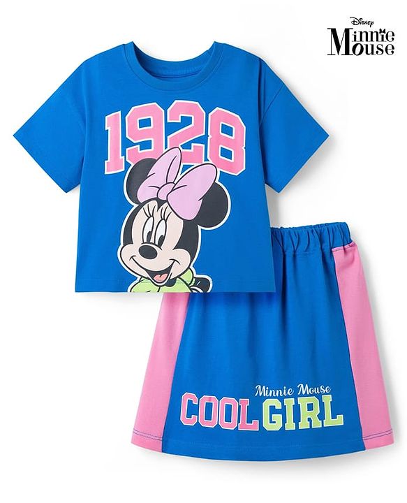 Babyhug Disney 100% Cotton Knit Half Sleeves Cut N Sew Top & Skirt With Minnie Mouse Front & Back Print - Multicolour