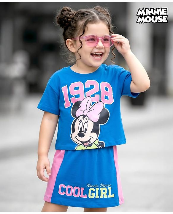 Babyhug Disney 100% Cotton Knit Half Sleeves Cut N Sew Top & Skirt With Minnie Mouse Front & Back Print - Multicolour