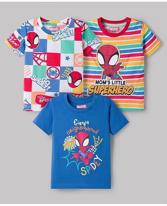 Babyhug Marvel 100% Cotton Knit Half Sleeves T-Shirt With Spider Man Graphic Pack of 3 - Multicolour