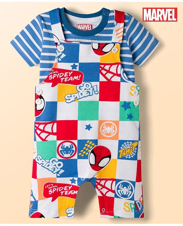 Babyhug Marvel Single Jersey Knit Half Sleeves Striped T-Shirt & Dungaree with Spiderman Print - Multicolor