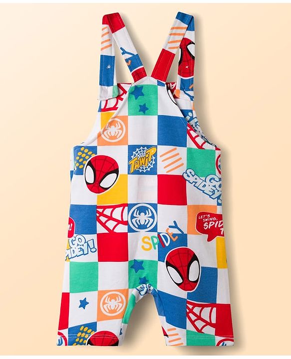Babyhug Marvel Single Jersey Knit Half Sleeves Striped T-Shirt & Dungaree with Spiderman Print - Multicolor