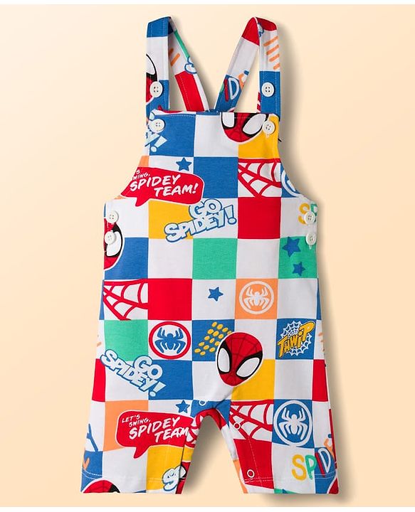 Babyhug Marvel Single Jersey Knit Half Sleeves Striped T-Shirt & Dungaree with Spiderman Print - Multicolor
