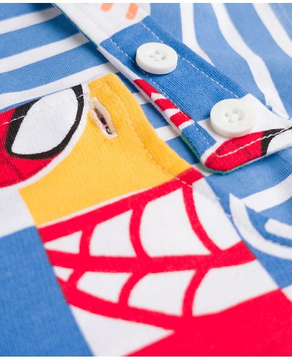 Babyhug Marvel Single Jersey Knit Half Sleeves Striped T-Shirt & Dungaree with Spiderman Print - Multicolor