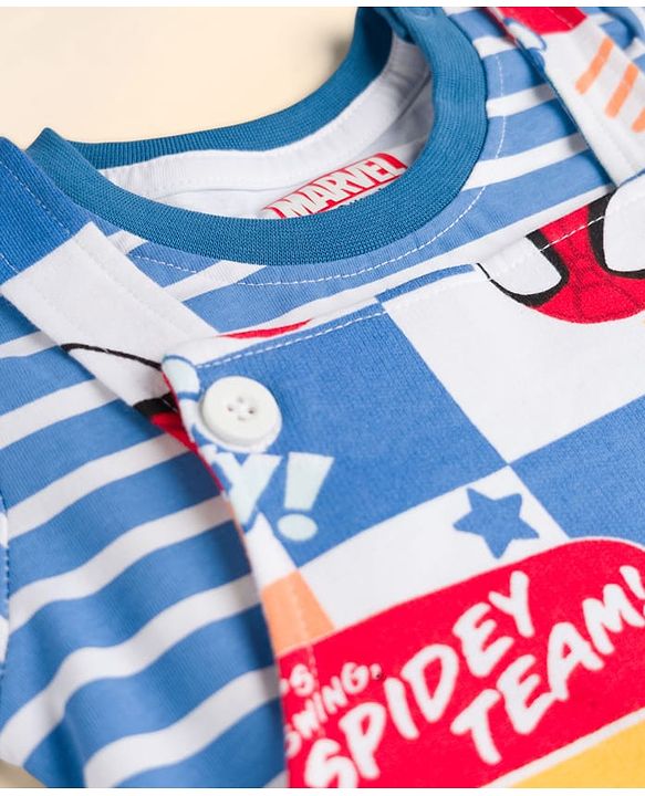 Babyhug Marvel Single Jersey Knit Half Sleeves Striped T-Shirt & Dungaree with Spiderman Print - Multicolor
