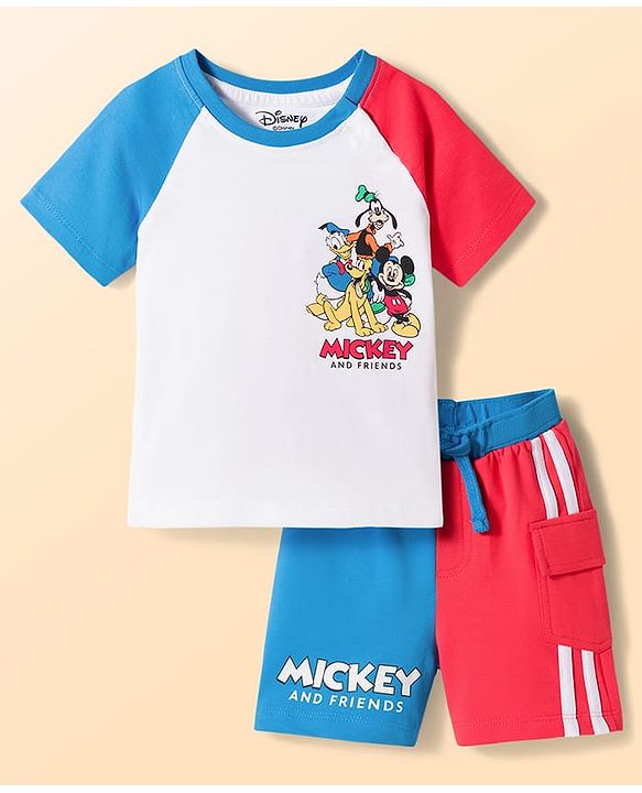 Babyhug Disney Single Jersey Knit Half Raglan Sleeves Cut & Sew T-Shirt & Shorts Set with Mickey Mouse & Family Front & Back Print - Multicolor