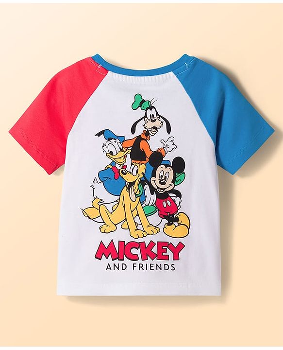 Babyhug Disney Single Jersey Knit Half Raglan Sleeves Cut & Sew T-Shirt & Shorts Set with Mickey Mouse & Family Front & Back Print - Multicolor