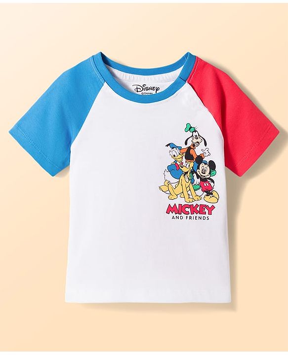 Babyhug Disney Single Jersey Knit Half Raglan Sleeves Cut & Sew T-Shirt & Shorts Set with Mickey Mouse & Family Front & Back Print - Multicolor