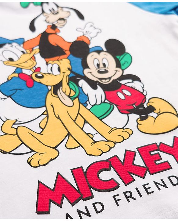 Babyhug Disney Single Jersey Knit Half Raglan Sleeves Cut & Sew T-Shirt & Shorts Set with Mickey Mouse & Family Front & Back Print - Multicolor