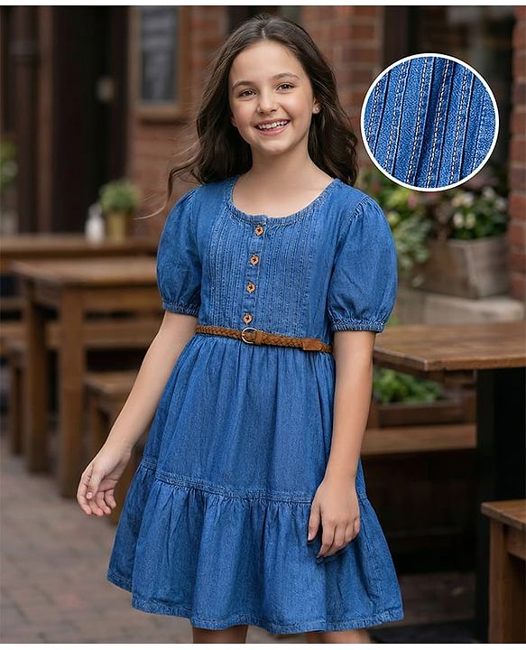 Pine Kids Cotton Woven Half Sleeves Solid Frock With Belt - Blue