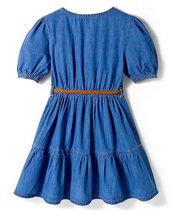 Pine Kids Cotton Woven Half Sleeves Solid Frock With Belt - Blue
