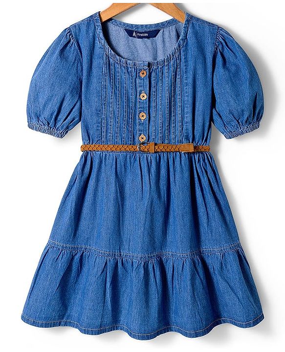 Pine Kids Cotton Woven Half Sleeves Solid Frock With Belt - Blue