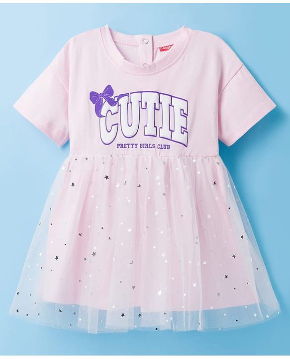 Babyhug Cotton Knit Half Sleeves Frock With Cutie Print - Pink
