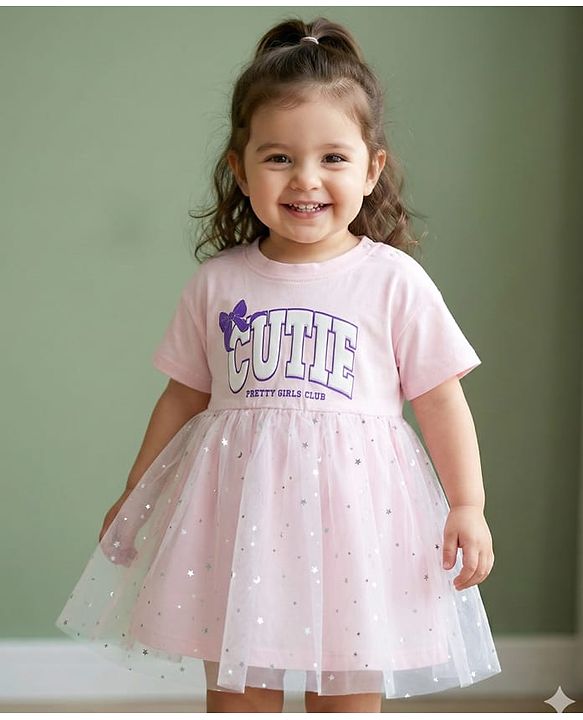 Babyhug Cotton Knit Half Sleeves Frock With Cutie Print - Pink