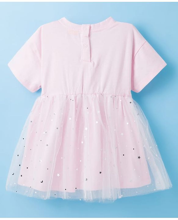 Babyhug Cotton Knit Half Sleeves Frock With Cutie Print - Pink