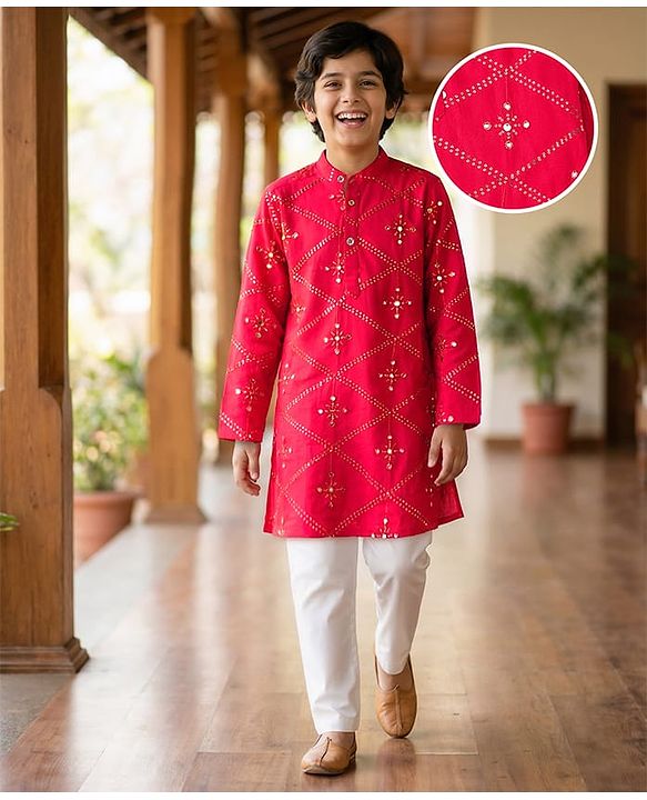 Pine Kids Woven Full Sleeves Kurta Pajama Set with Sequin Detailing - Red
