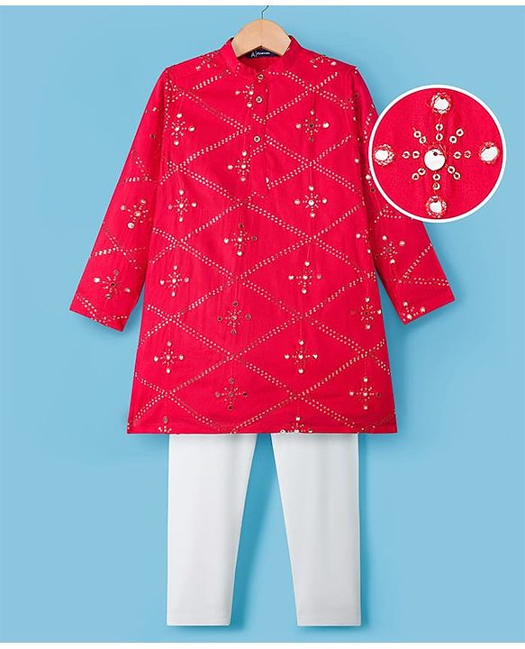 Pine Kids Woven Full Sleeves Kurta Pajama Set with Sequin Detailing - Red