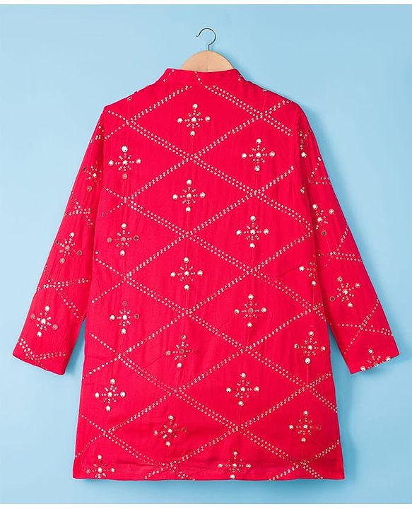 Pine Kids Woven Full Sleeves Kurta Pajama Set with Sequin Detailing - Red
