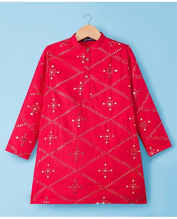 Pine Kids Woven Full Sleeves Kurta Pajama Set with Sequin Detailing - Red