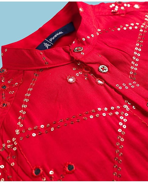 Pine Kids Woven Full Sleeves Kurta Pajama Set with Sequin Detailing - Red