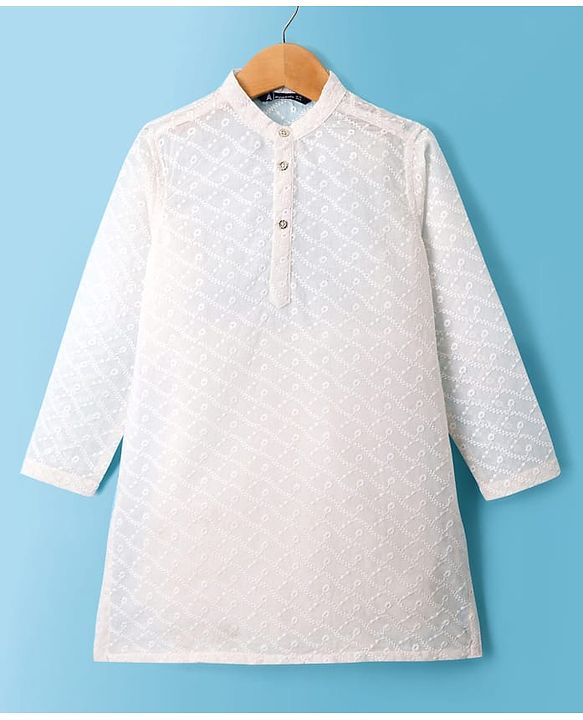 Pine Kids Cotton Woven Full Sleeves Kurta Pyjama Set With Floral Embroidery - White