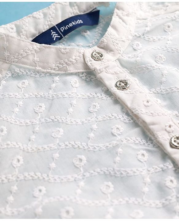 Pine Kids Cotton Woven Full Sleeves Kurta Pyjama Set With Floral Embroidery - White