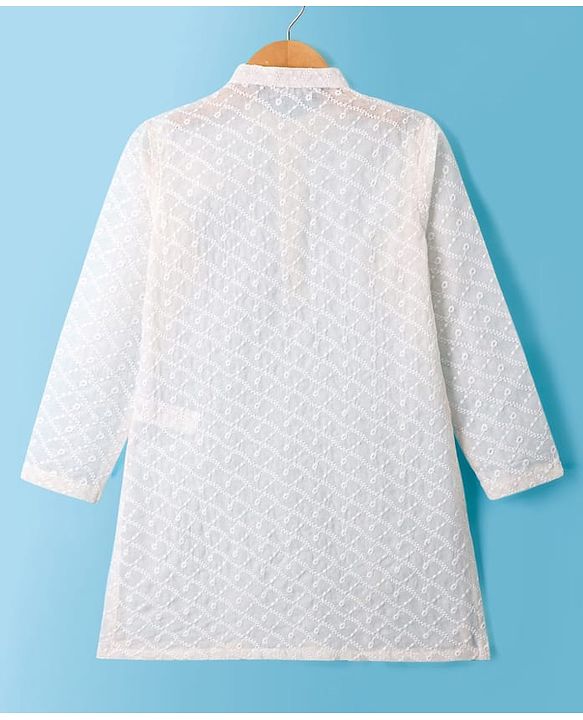 Pine Kids Cotton Woven Full Sleeves Kurta Pyjama Set With Floral Embroidery - White