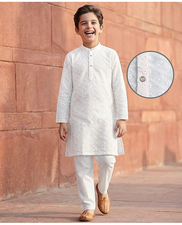 Pine Kids Cotton Woven Full Sleeves Kurta Pyjama Set With Floral Embroidery - White