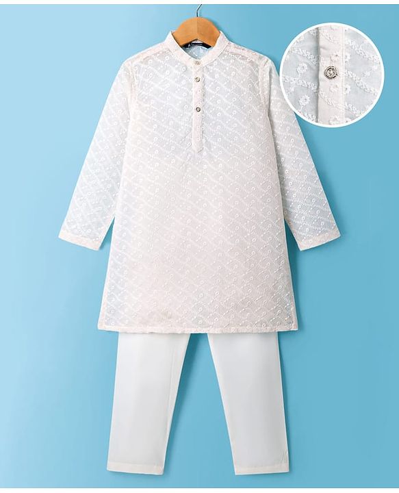 Pine Kids Cotton Woven Full Sleeves Kurta Pyjama Set With Floral Embroidery - White