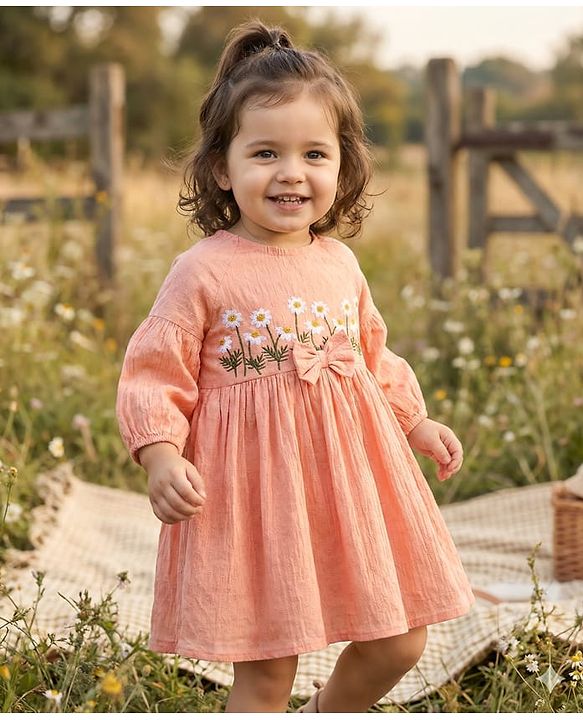 Babyhug Cotton Woven Half Sleeves Drop Shoulder Antibacterial Frock With Floral Embroidery - Orange