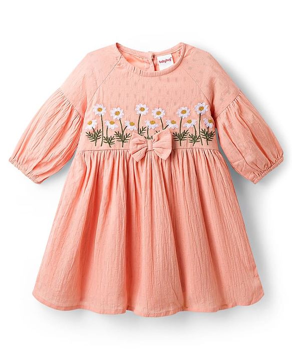 Babyhug Cotton Woven Half Sleeves Drop Shoulder Antibacterial Frock With Floral Embroidery - Orange