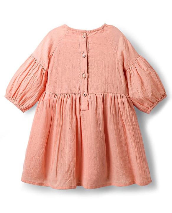 Babyhug Cotton Woven Half Sleeves Drop Shoulder Antibacterial Frock With Floral Embroidery - Orange