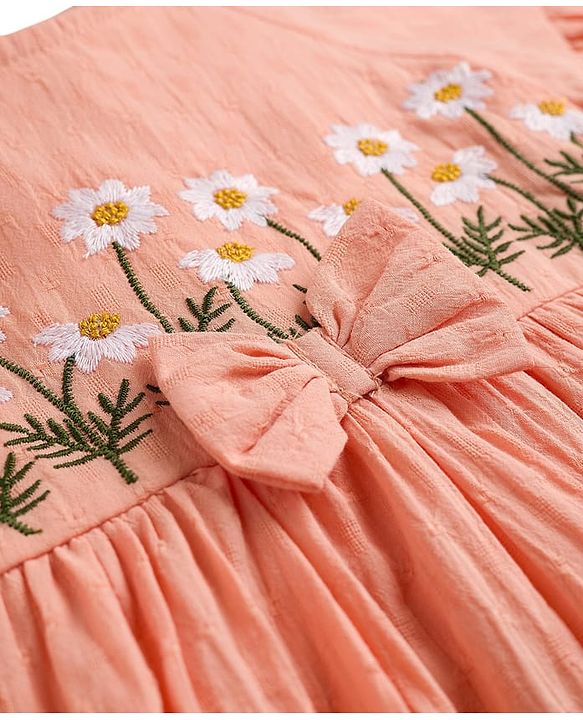 Babyhug Cotton Woven Half Sleeves Drop Shoulder Antibacterial Frock With Floral Embroidery - Orange