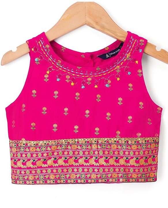 Pine Kids Viscose Woven Sleeveless Lehenga Choli & Dupatta With Floral Print & Embroidery - Pink