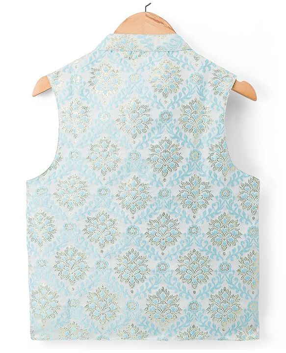 Pine Kids Woven Full Sleeves Kurta Pajama & Jacket Set With Floral Embriodery - Light Blue