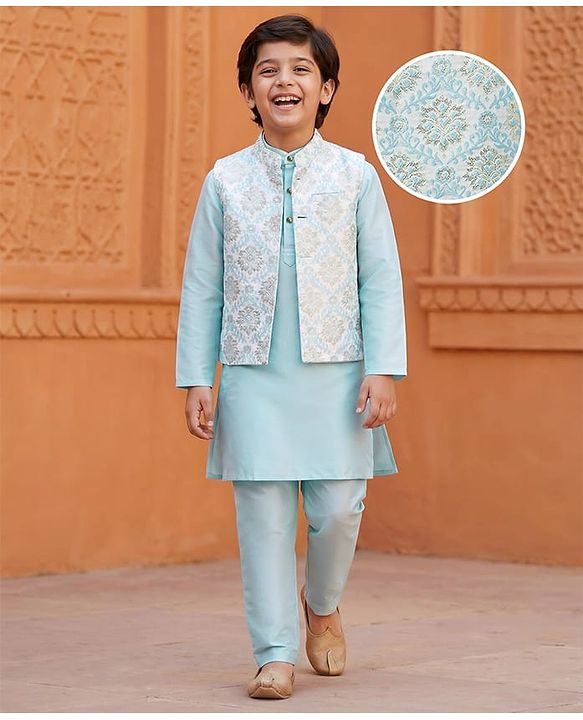 Pine Kids Woven Full Sleeves Kurta Pajama & Jacket Set With Floral Embriodery - Light Blue
