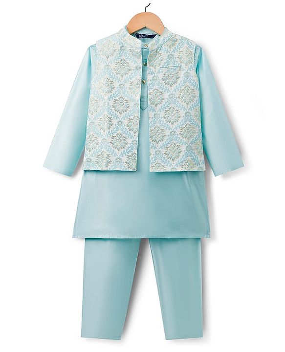 Pine Kids Woven Full Sleeves Kurta Pajama & Jacket Set With Floral Embriodery - Light Blue
