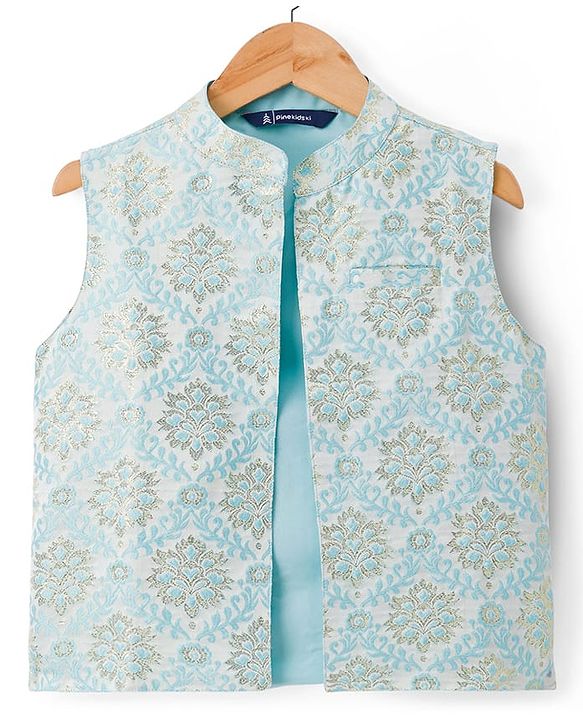 Pine Kids Woven Full Sleeves Kurta Pajama & Jacket Set With Floral Embriodery - Light Blue