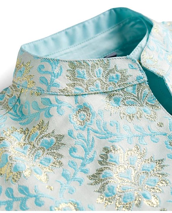 Pine Kids Woven Full Sleeves Kurta Pajama & Jacket Set With Floral Embriodery - Light Blue
