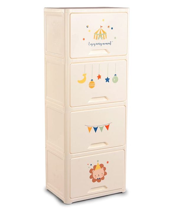 Babyhug 4 Layer Sun & Cloud Theme High Density Plastic Storage Cabinet for Kids - White| Multipurpose Organizer for Toys, Books & Clothes| Easy to Install| Easy Open Shelves| Nursery Organizer