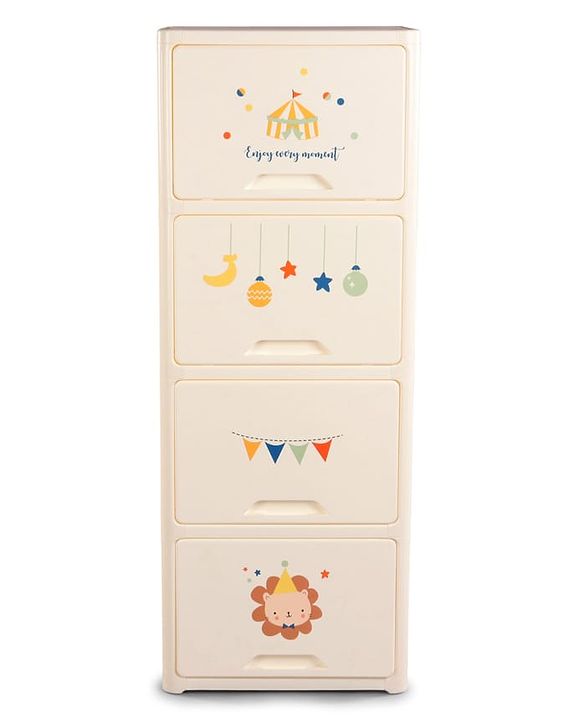 Babyhug 4 Layer Sun & Cloud Theme High Density Plastic Storage Cabinet for Kids - White| Multipurpose Organizer for Toys, Books & Clothes| Easy to Install| Easy Open Shelves| Nursery Organizer