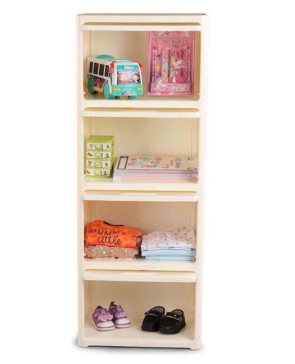 Babyhug 4 Layer Sun & Cloud Theme High Density Plastic Storage Cabinet for Kids - White| Multipurpose Organizer for Toys, Books & Clothes| Easy to Install| Easy Open Shelves| Nursery Organizer