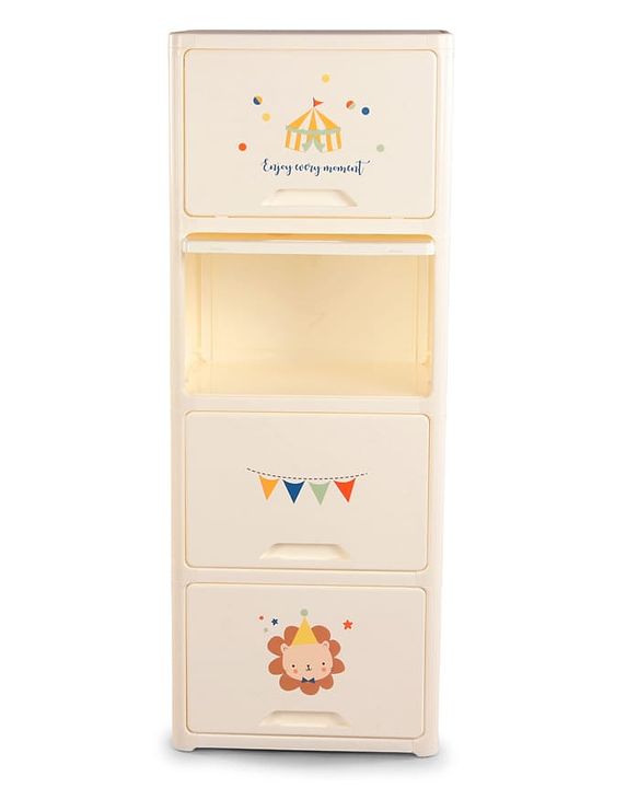 Babyhug 4 Layer Sun & Cloud Theme High Density Plastic Storage Cabinet for Kids - White| Multipurpose Organizer for Toys, Books & Clothes| Easy to Install| Easy Open Shelves| Nursery Organizer