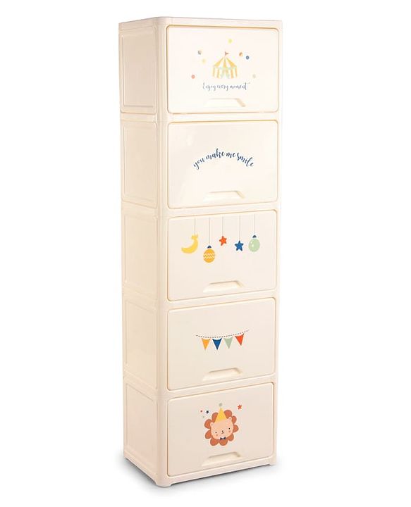 Babyhug 4 Layer Sun & Cloud Theme High Density Plastic Storage Cabinet for Kids - White| Multipurpose Organizer for Toys, Books & Clothes| Easy to Install| Easy Open Shelves| Nursery Organizer