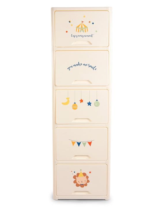 Babyhug 4 Layer Sun & Cloud Theme High Density Plastic Storage Cabinet for Kids - White| Multipurpose Organizer for Toys, Books & Clothes| Easy to Install| Easy Open Shelves| Nursery Organizer