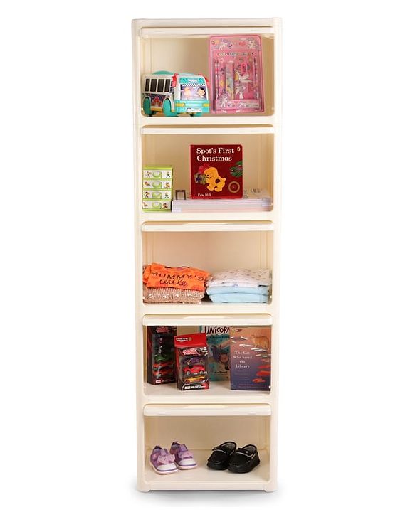 Babyhug 4 Layer Sun & Cloud Theme High Density Plastic Storage Cabinet for Kids - White| Multipurpose Organizer for Toys, Books & Clothes| Easy to Install| Easy Open Shelves| Nursery Organizer