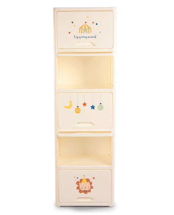 Babyhug 4 Layer Sun & Cloud Theme High Density Plastic Storage Cabinet for Kids - White| Multipurpose Organizer for Toys, Books & Clothes| Easy to Install| Easy Open Shelves| Nursery Organizer