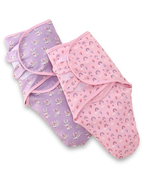 Babyhug 100% Interlock Cotton Baby Swaddle Wrapper Pack of 2 - Rabbit & Rainbow Print|Soft Breathable Fabric| Newborn Swaddling Wrap| Secure Velcro Closure| New Born Essential| Prevents Startle Effect