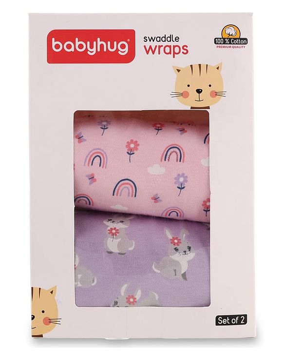 Babyhug 100% Interlock Cotton Baby Swaddle Wrapper Pack of 2 - Rabbit & Rainbow Print|Soft Breathable Fabric| Newborn Swaddling Wrap| Secure Velcro Closure| New Born Essential| Prevents Startle Effect